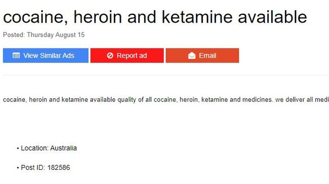 A screenshot of a drug dealer selling ketamine on a classifieds website.