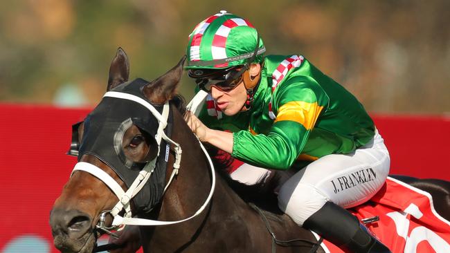 Jasper Franklin riding Rediener wins Race 6 Toyota Forklifts during Lord Mayors Cup Day Sydney Racing at Rosehill Gardens on May 20, 2023. Picture: Jeremy Ng/Getty Images.