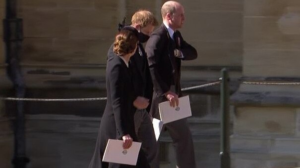 Princes Harry, centre, and William with Kate Middleton after Prince Philip’s funeral service. Picture: BBC