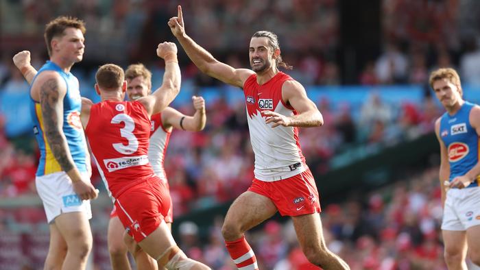 SYDNEY, AUSTRALIA - APRIL 21: Brodie Grundy of the Swans celebrates kicking a goal during the round six AFL match between Sydney Swans and Gold Coast Suns at SCG, on April 21, 2024, in Sydney, Australia. (Photo by Mark Metcalfe/AFL Photos/via Getty Images )