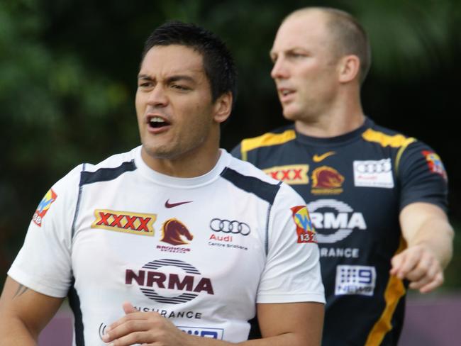 Only Darren Lockyer (right), Corey Parker and Sam Thaiday have played more games for the Broncos than Alex Glenn. Picture: David Kapernick