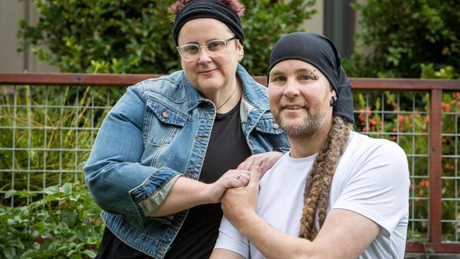 Eli Murn with wife Ali at their home in Mt Barker, SA. Eli was a rising volleyball star when he crashed his car into a tree in the Adelaide Hills in 2004 and 20 yrs on he continues to be challenged by mobility issues. Picture: Emma Brasier