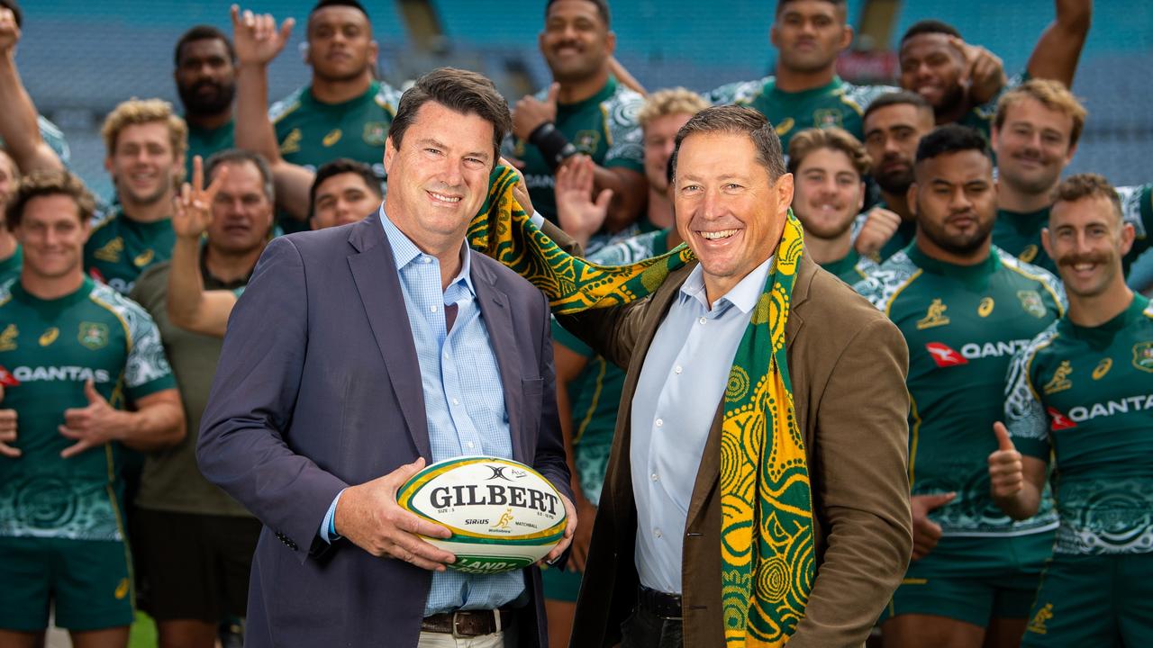 Rugby Australia chairman Hamish McLennan and executive director, Rugby World Cup 2027 bid, Phil Kearns with the Wallabies. Picture: Stuart Walmsley/Rugby Australia