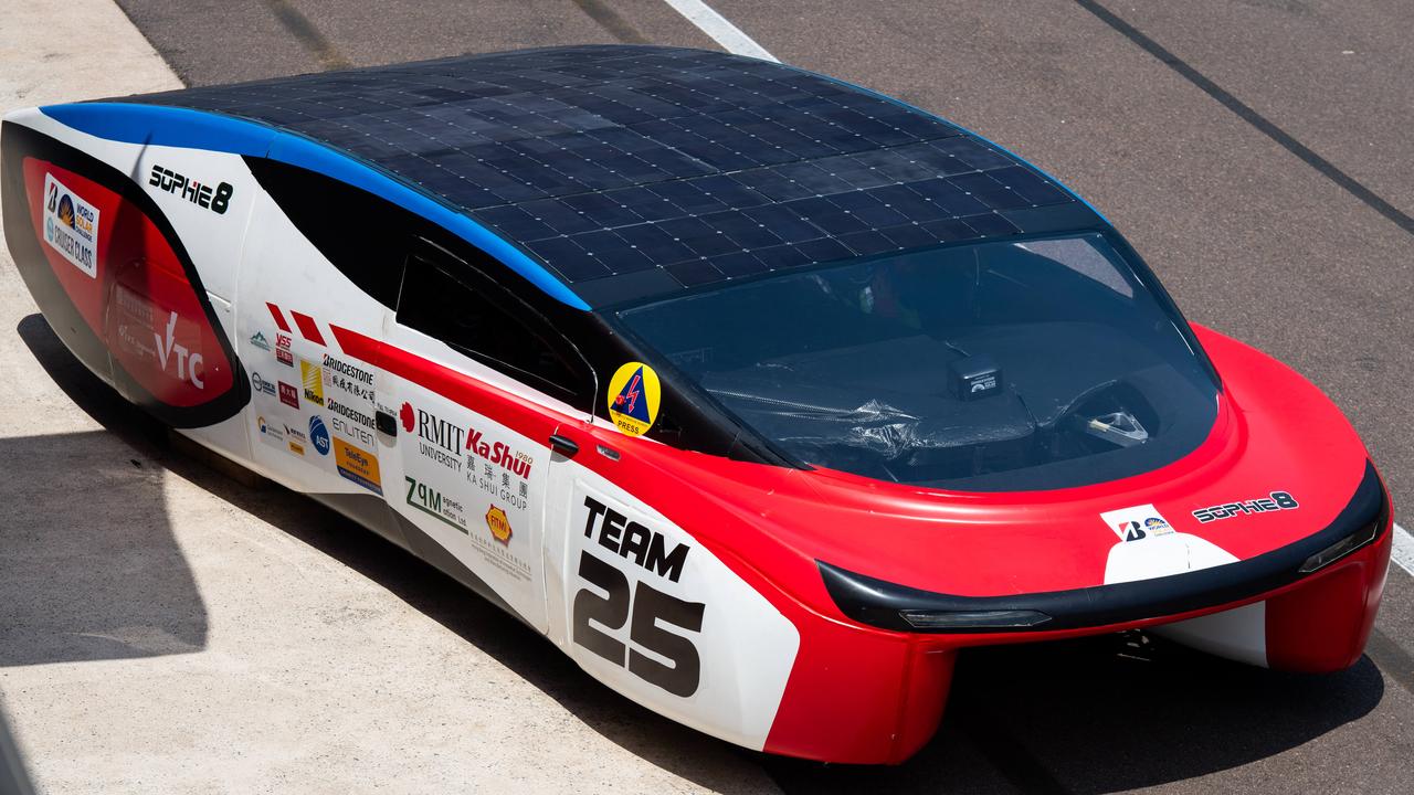 Hongkong VTC Solar Car getting ready for the lap of 2023 Bridgestone World Solar Challenge, Hidden Valley Raceway, Saturday, October 21, 2023. Picture: Pema Tamang Pakhrin.