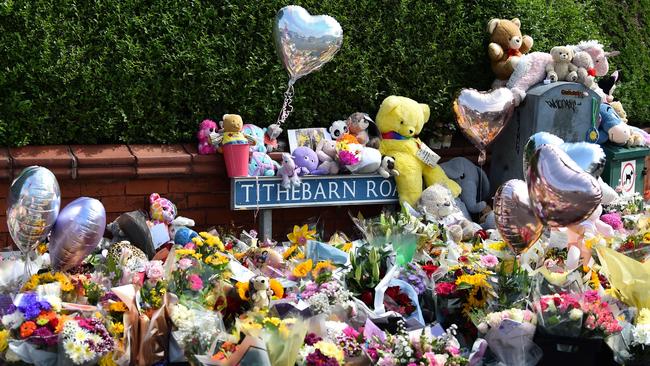 Floral tributes are left outside the town hall in Southport, where three girls died in a knife attack during a Taylor Swift event last Monday. Picture: Peter Powell/AFP