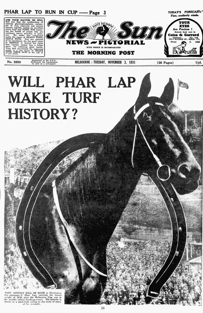 The front page of The Sun in 1931 on Melbourne Cup Day.