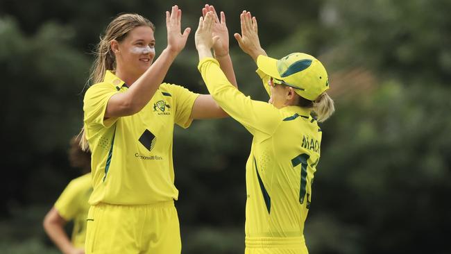 Courtney Sippel of Australia celebrates the wicket of Mady Villiers of England during the Australia A v England A one day international tour match at EPC Solar Park, on February 02, 2022, in Canberra, Australia. Photo: Mark Evans/Getty Images.