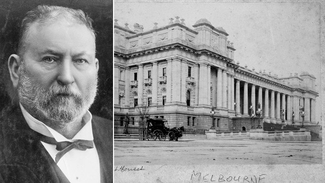 Premier Thomas Bent and Victorian parliament in the late 19th Century. During Bent’s premiership, when Federal Parliament sat in the building, the Victorian parliament was housed in the Royal Exhibition Building.