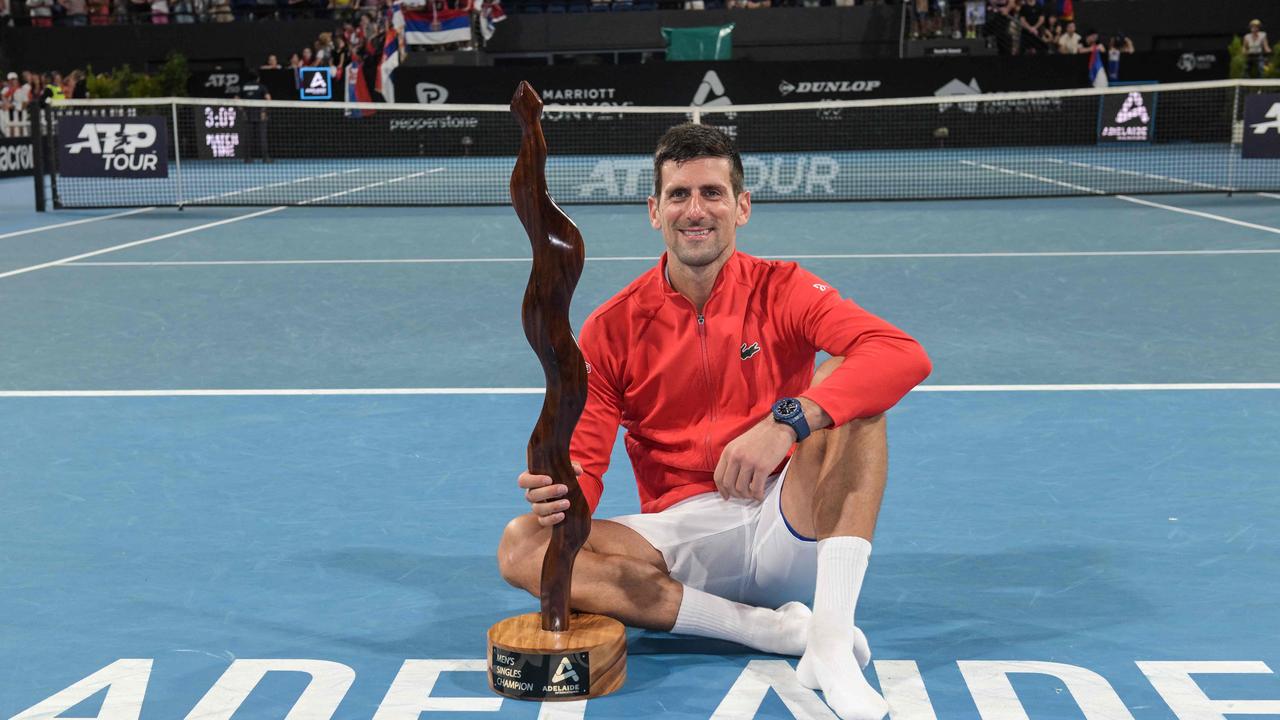 Novak Djokovic celebrates after winning the final of the ATP Adelaide International. Picture: Brenton Edwards / AFP