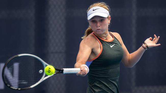 Gold Coast rising tennis star Emerson Jones, 16, on her way to winning the Perpetual NSW Open at Sydney Olympic Park on Sunday, November 3, 2024. Pictures: Tennis NSW