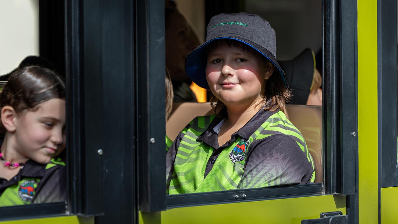 Students from Berry Springs Primary School eagerly took a trip on the Territory Wildlife Park's two new electric trains, February 7, 2025. Picture: Pema Tamang Pakhrin