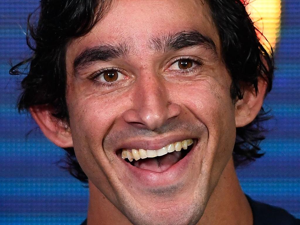 TOWNSVILLE, AUSTRALIA - AUGUST 24:  Johnathan Thurston of the Cowboys laughs at the post match media conference at the end of during the round 24 NRL match between the North Queensland Cowboys and the Parramatta Eels at 1300SMILES Stadium on August 24, 2018 in Townsville, Australia.  (Photo by Ian Hitchcock/Getty Images)