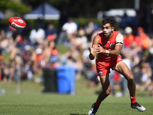 Jack Martin of the Suns attempts to catch the ball during the round 13 AFL match between the Gold Coast Suns and the St Kilda Saints at Riverway Stadium on June 15, 2019 in Townsville, Australia. (Photo by Ian Hitchcock/Getty Images)