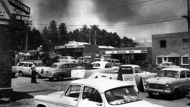 Anxious Olinda residents watch the approach of the bushfire.