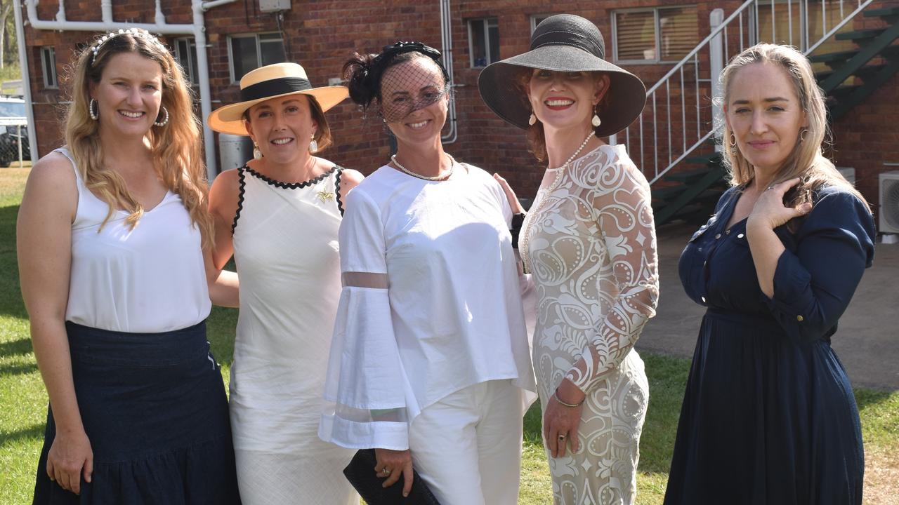 Kelly O'Leary, Keara Pulman, Charlotte Cullen, Jacinta Cummins and Soelena Wood at the Yeppoon Turf Club's Derby Day races at Keppel Park Racecourse on November 2, 2024.