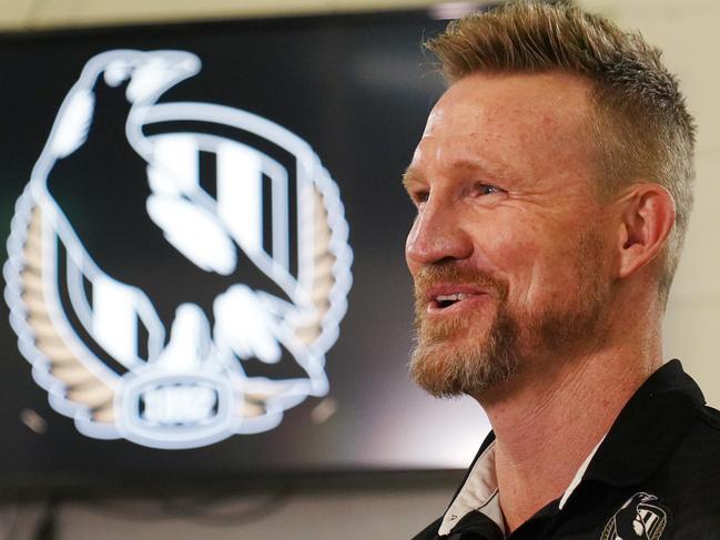 Magpies head coach Nathan Buckley speaks to media during the Round 2 AFL Match between the Collingwood Magpies and Richmond Tigers at the Melbourne Cricket Ground in Melbourne, Thursday, June 11, 2020. (AAP Image/Michael Dodge) NO ARCHIVING, EDITORIAL USE ONLY