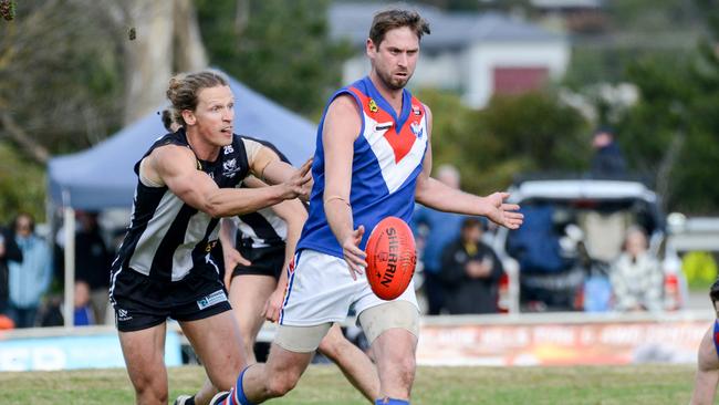 Hahndorf and Onkaparinga Valley playing in the Hills Football League Division 1 grand final at Echunga in September last year. Picture: AAP/Brenton Edwards.