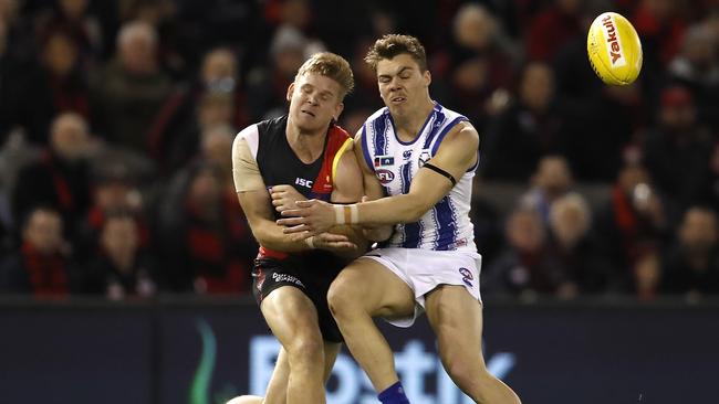 Cameron Zurhaar caught Roos’ fans attention with this bonecrunching hit on Michael Hurley. Picture: Dylan Burns/AFL Photos via Getty Images