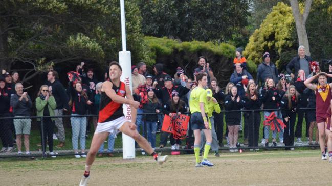 Byron Wright celebrates his match winning goal. Photo: Shannon Meehan.