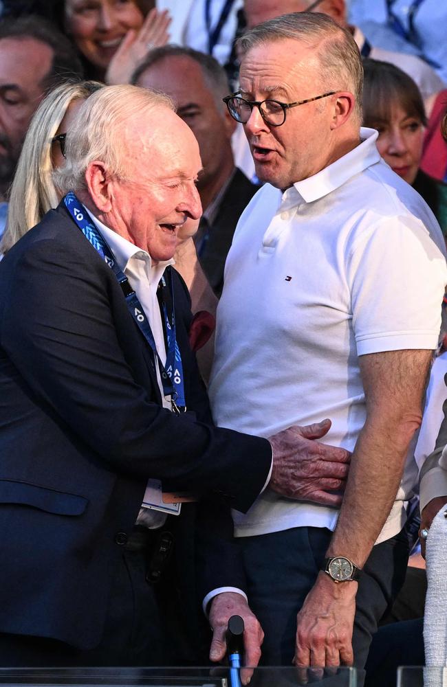 Rod Laver and Anthony Albanese. Picture: AFP