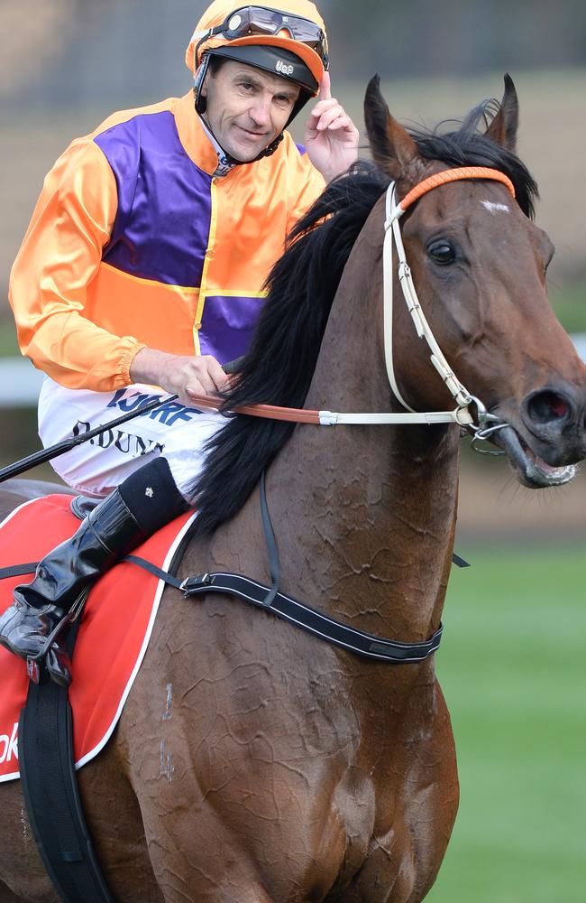 Jockey Dwayne Dunn on Overshare after winning the McKenzie Stakes.