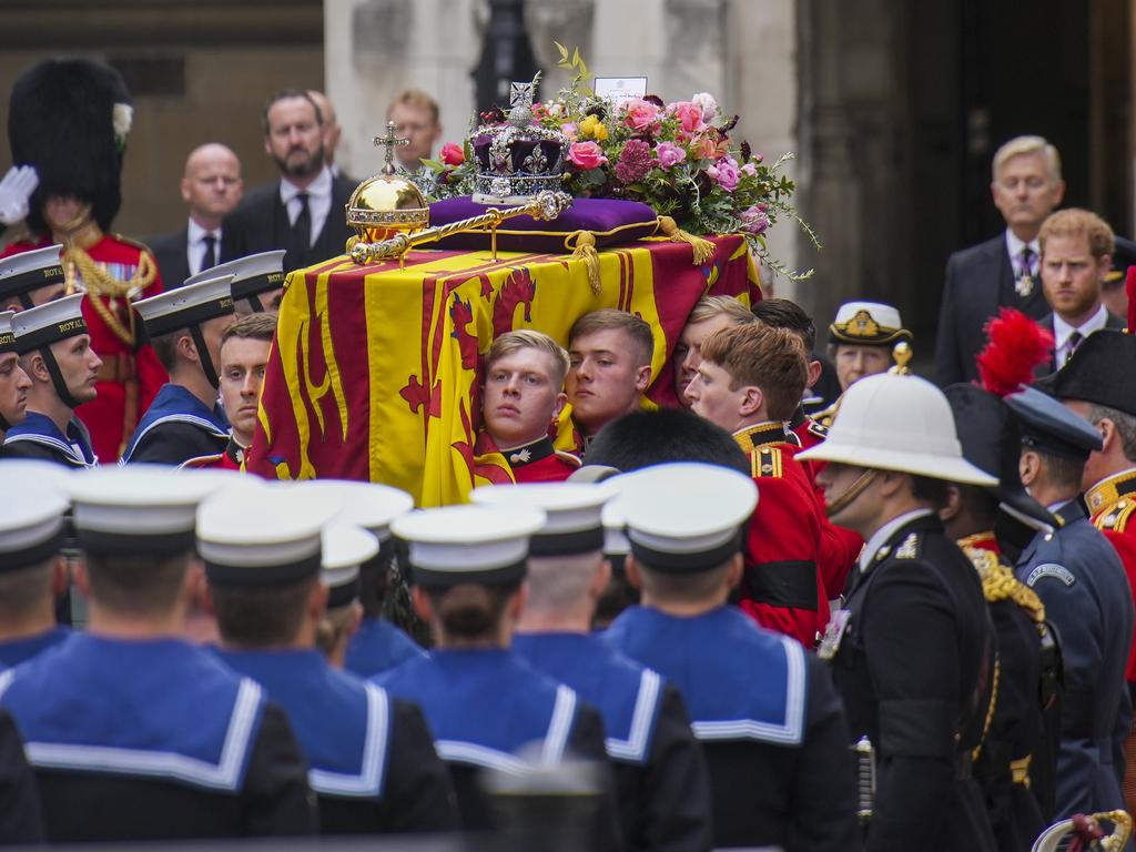 The coffin of Queen Elizabeth II is placed on a gun carriage during the State Funeral of Queen Elizabeth II at Westminster Abbey.