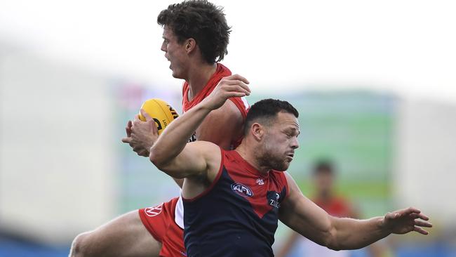 Steven May started down back, but was swung forward as the Dees got desperate. Picture: Getty Images