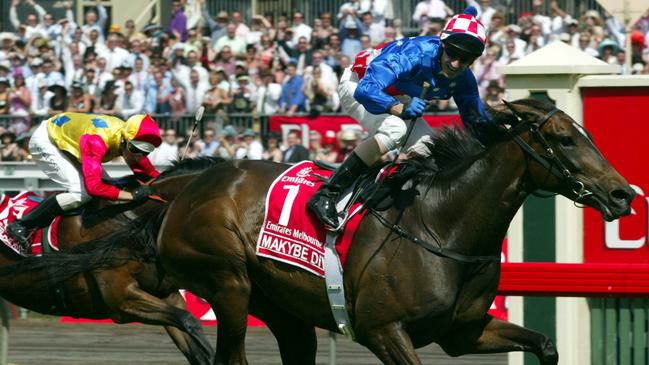 Jockey Glen Boss riding Makybe Diva to win her third Melbourne Cup in 2005.