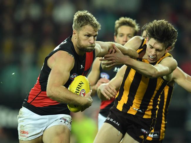 Jake Stringer shoves his way past his Hawthorn opponent in a dominating display. Picture: Getty