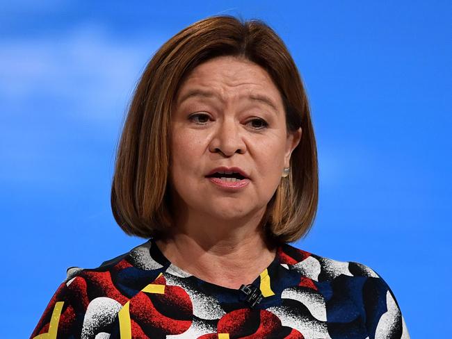 **FILE** A Friday, February 9, 2018 image reissued Monday, September 24, 2018 of former ABC managing director Michelle Guthrie speaking during the ABC Annual Public Meeting in Ultimo, Sydney. ABC managing director Michelle Guthrie has been sacked effective immediately because it was "not in the best interests" of the broadcaster for her to stay in the job. Board chairman Justin Milne said the transition to a new leader could be disruptive but discussions had been under way for several months. (AAP Image/Joel Carrett) NO ARCHIVING