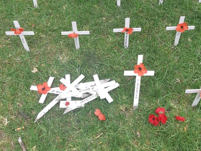 Dozens of memorial crosses at the RSL's Field of Remembrance near the National War Memorial on North Terrace have been vandalised in the lead-up to Remembrance Day. Picture: Supplied