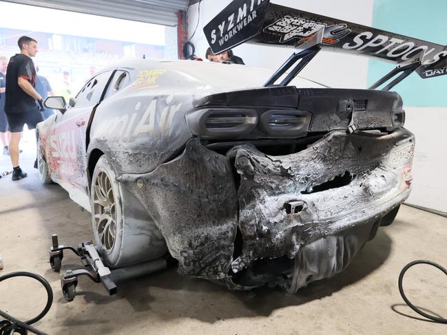 James Golding's PremiAir Racing Camaro after it caught fire during testing at Sydney Motorsport Park.