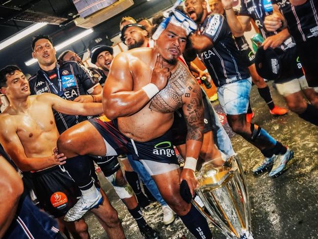 Bordeaux backrower Tevita Tatafu mocks Henry Pollock's try-scoring celebration after the French club defeated Northampton in the European Rugby Champions Cup final. Picture: Supplied