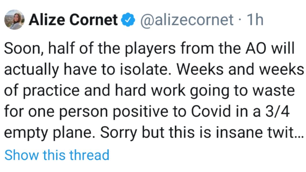 Alize Cornet's tweet, which she later deleted.