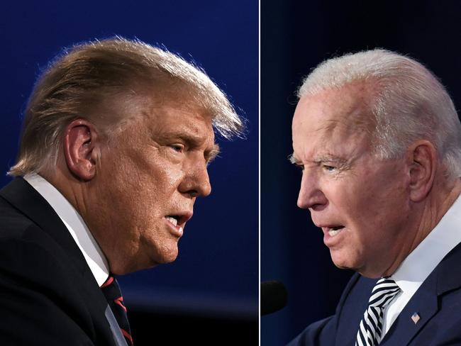 TOPSHOT - (COMBO) This combination of pictures created on September 29, 2020 shows US President Donald Trump (L) and Democratic Presidential candidate former Vice President Joe Biden squaring off during the first presidential debate at the Case Western Reserve University and Cleveland Clinic in Cleveland, Ohio on September 29, 2020. (Photos by JIM WATSON and SAUL LOEB / AFP)
