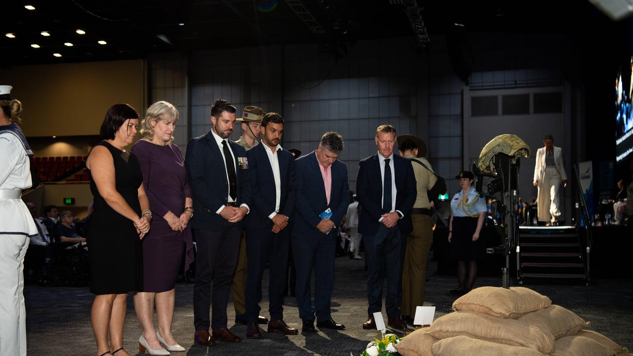 Natasha Fyles, Chief Minister Eva Lawler, Brent Potter, Dheran Young, Mark Monaghan and Paul Kirby as the Top End community gathered at the Darwin Convention Centre to commemorate the Bombing of Darwin. Picture: Pema Tamang Pakhrin