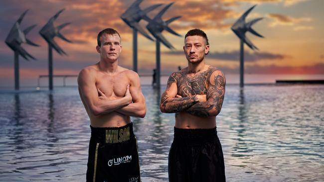 Liam Wilson (left) and Liam Paro are pictured at the Cairns Esplanade Lagoon ahead of their respective fights in the No Limits Boxing event on June 25, 2025. Picture: Brad Newton / No Limits Boxing.