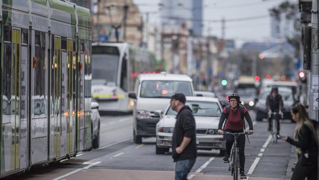 Sydney Road is a busy road corridor, used by bikes, trams and cars. Picture: Jason Edwards