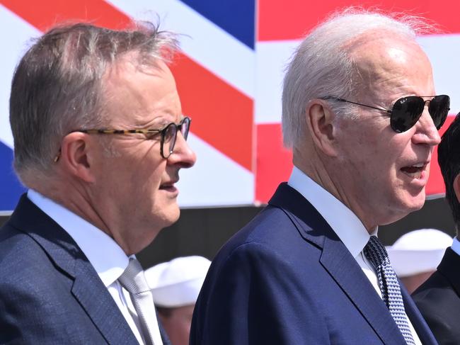 SAN DIEGO, CALIFORNIA - MARCH 13: Australian Prime Minister Anthony Albanese (L), US President Joe Biden (C) and British Prime Minister Rishi Sunak (R) hold a press conference after a trilateral meeting during the AUKUS summit on March 13, 2023 in San Diego, California. President Biden hosts British Prime Minister Rishi Sunak and Australian Prime Minister Anthony Albanese in San Diego for an AUKUS meeting to discuss the procurement of nuclear-powered submarines under a pact between the three nations. (Photo by Leon Neal/Getty Images)