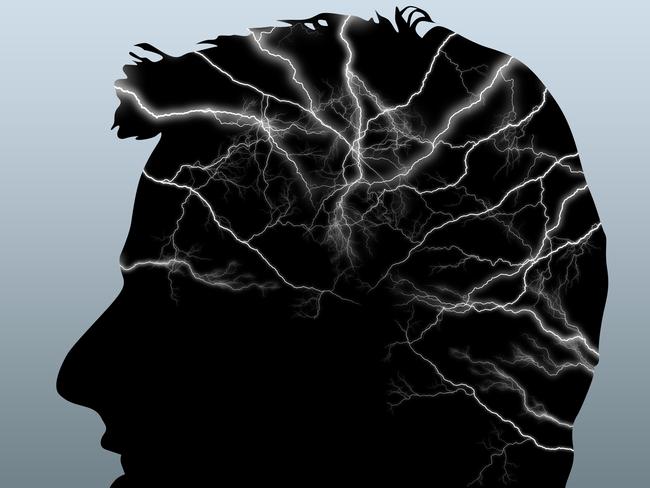 Artwork - generic image of head and brain. Silhouette of a man's head with electrical activity.