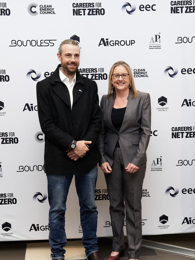 Mike Cannon-Brookes with Victorian Premier Jacinta Allan at the Careers for Net Zero Fair in Melbourne last week.