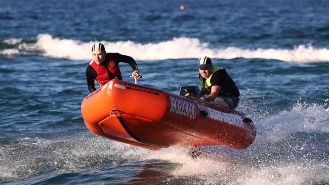 Broadbeach SLSC IRB team members Callum Tuohy ( driver ) and Paul Ryan are ready for the Queensland IRB Ocean Roar comp. Photograph : Jason O'Brien