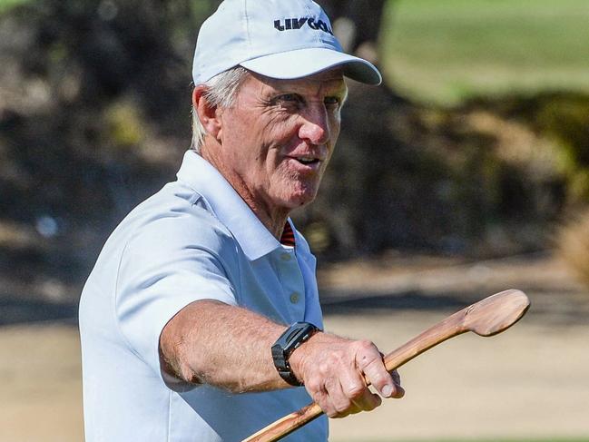 LIV Golf organiser Greg Norman gestures to the crowd while holding an Australian native boomerang on the first day of the 2023 LIV Golf tournament in Adelaide on April 21, 2023. (Photo by Brenton Edwards / AFP) / -- IMAGE RESTRICTED TO EDITORIAL USE - STRICTLY NO COMMERCIAL USE --