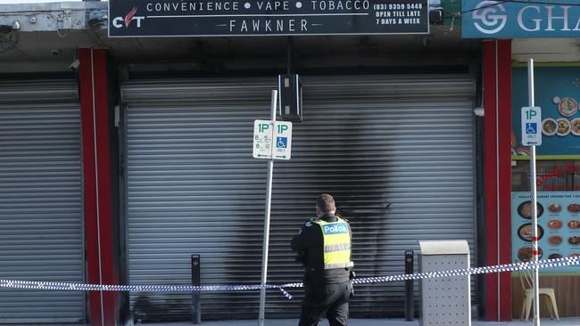 A Fawkner tobacco store was the latest victim of firebombing in the ongoing battle for the top. Picture: David Crosling