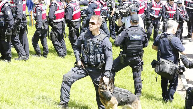 Police turn out in force to keep crowds under control at St Kilda Beach. Picture: Matrix News