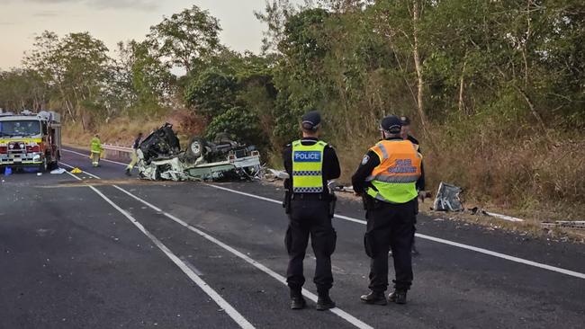 Aftermath of a crash on the Bruce Highway at Bloomsbury involving two trucks and a car on August 1, 2024. Two people, a man in his 70s and a man in his 20s suffered life threatening injuries and had to extricated. Two other people walked away from the crash stable. Photos taken at 6pm. Picture: Janessa Ekert