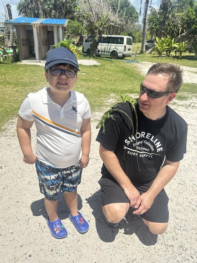 Mischa King and Ethan, 5, have fun in Vanuatu for two days before the earthquake hits. Picture: Supplied