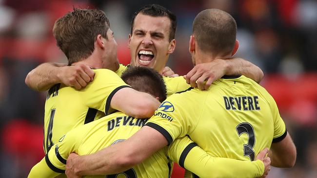 Phoenix players celebrate after beating Adelaide United at Coopers Stadium. Picture: Getty Images