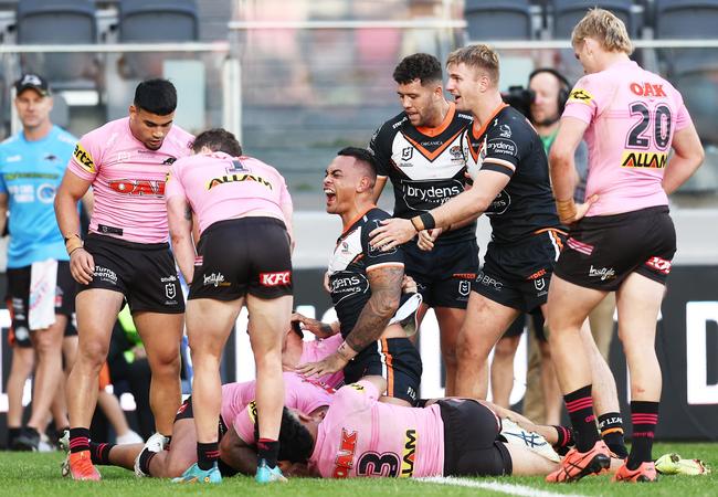 Ken Maumalo of the Tigers celebrates a try (Photo by Matt King/Getty Images)