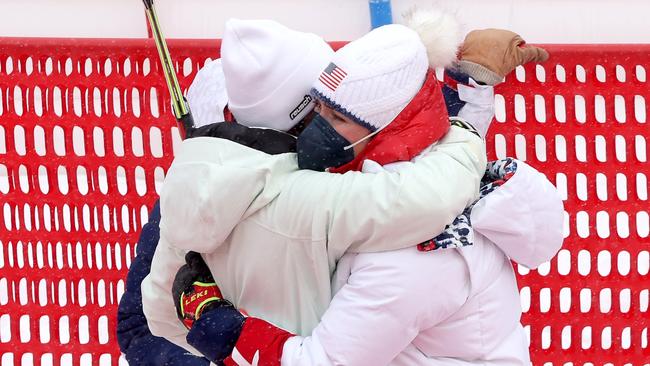 Mikaela Shiffrin hugs silver medalist Wendy Holdener after the event. Picture: Getty Images